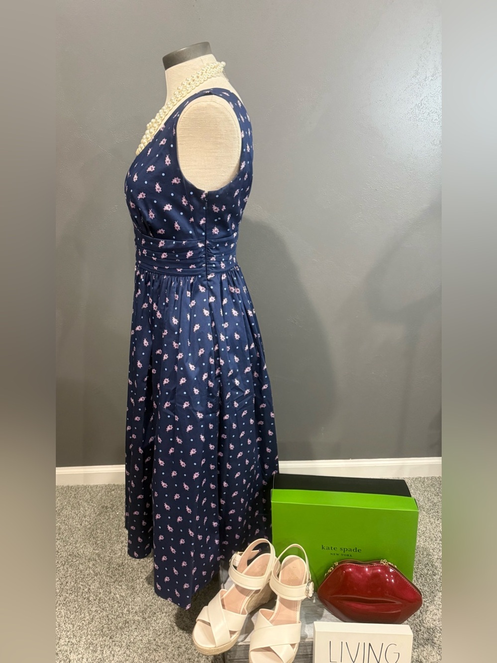 kate spade Navy Floral Sleeveless V-Neck Fit-and-Flare Dress - Picture 3 of 5